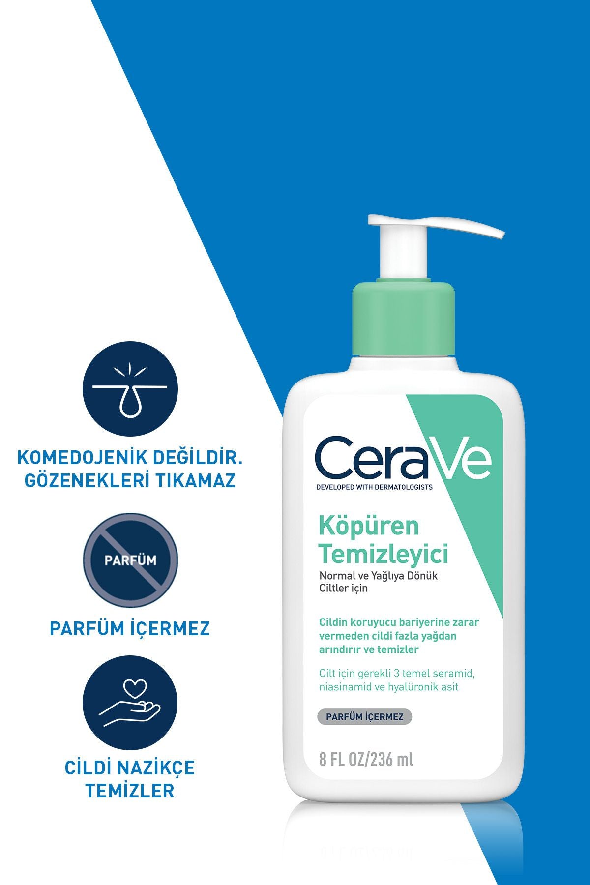 CeraVe Köpüren Temizleyici 473 ml – Normalden Yağlıya Dönük Ciltler İçin Nazik ve Etkili Yüz Temizleme Jeli