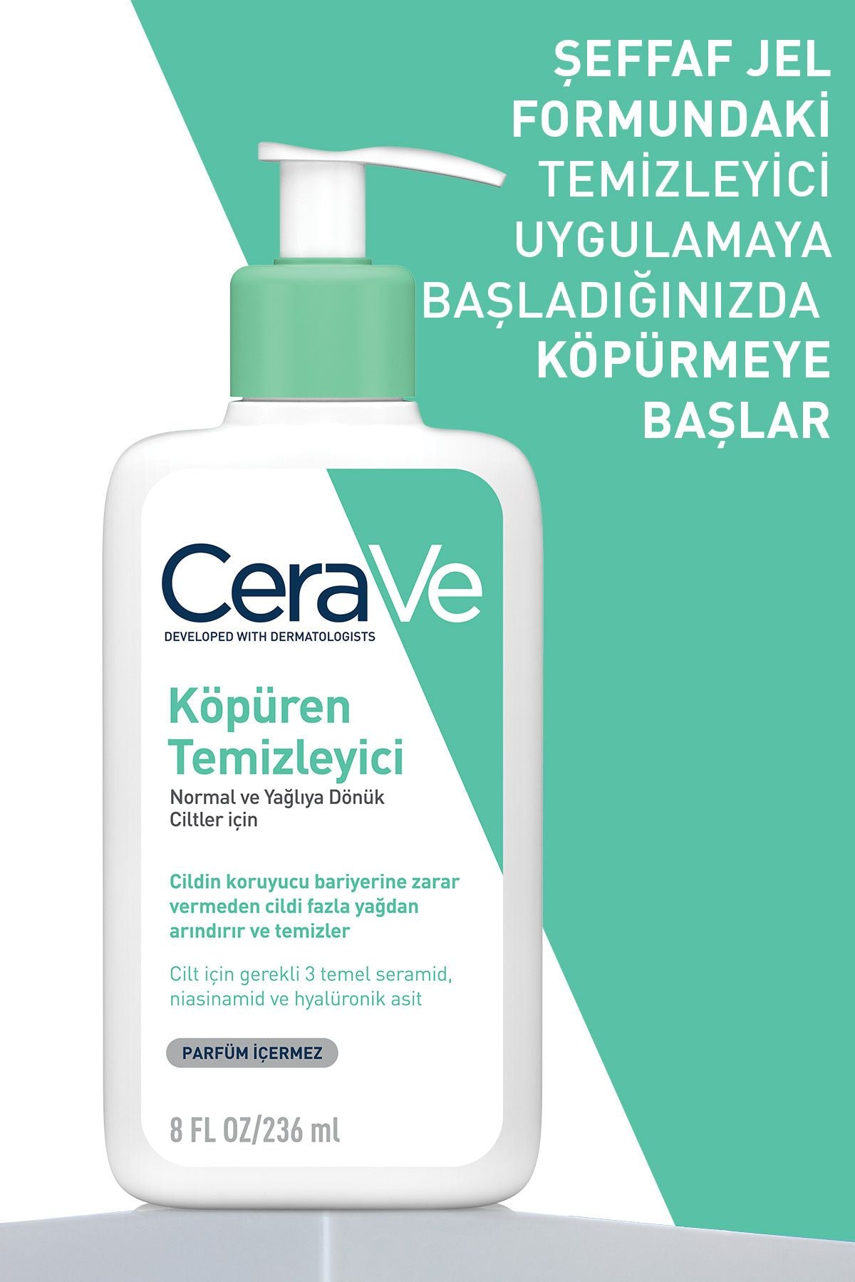 CeraVe Köpüren Temizleyici 473 ml – Normalden Yağlıya Dönük Ciltler İçin Nazik ve Etkili Yüz Temizleme Jeli